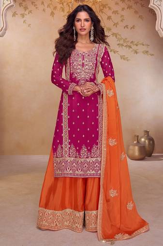 Pink chiffon sequins work semi stitched salwar suits suits size up to 42