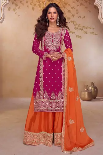 Pink chiffon sequins work semi stitched salwar suits suits size up to 42