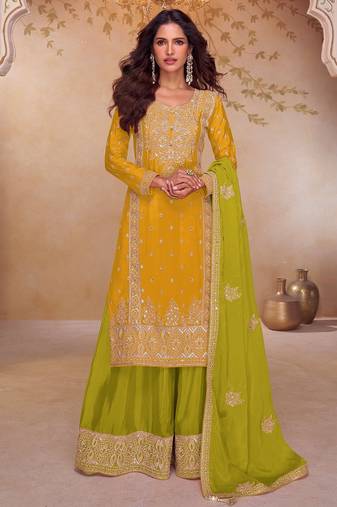 Lime chiffon sequins work semi stitched salwar suits suits size up to 42