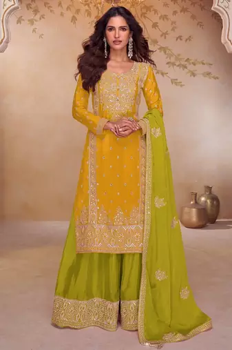 Lime chiffon sequins work semi stitched salwar suits suits size up to 42