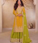 Lime chiffon sequins work semi stitched salwar suits suits size up to 42
