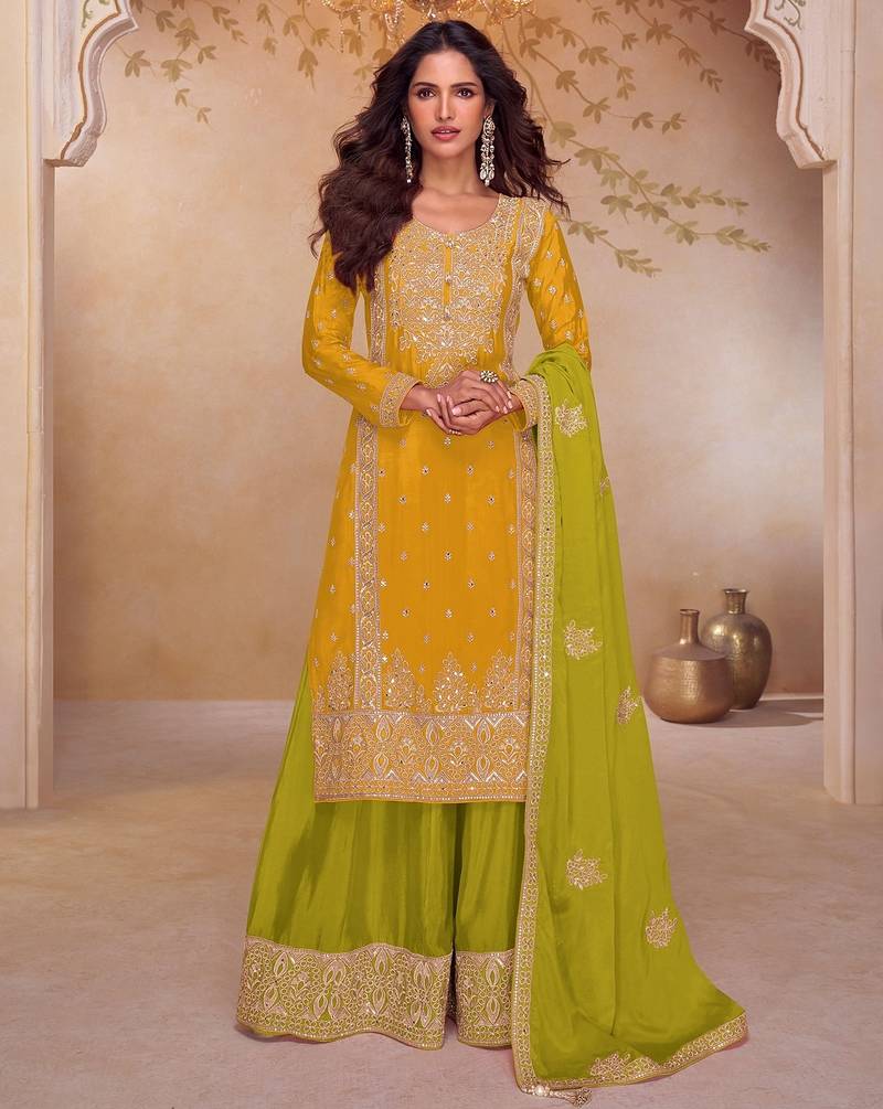 Lime chiffon sequins work semi stitched salwar suits suits size up to 42