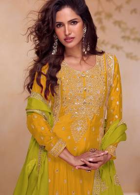 Lime chiffon sequins work semi stitched salwar suits suits size up to 42 2