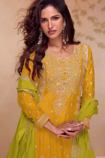 Lime chiffon sequins work semi stitched salwar suits suits size up to 42