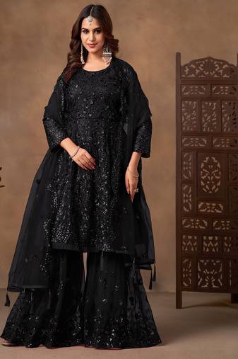 Black net sequins work semi stitched salwar suits suits size up to 42