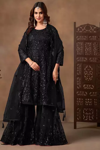 Black net sequins work semi stitched salwar suits suits size up to 42