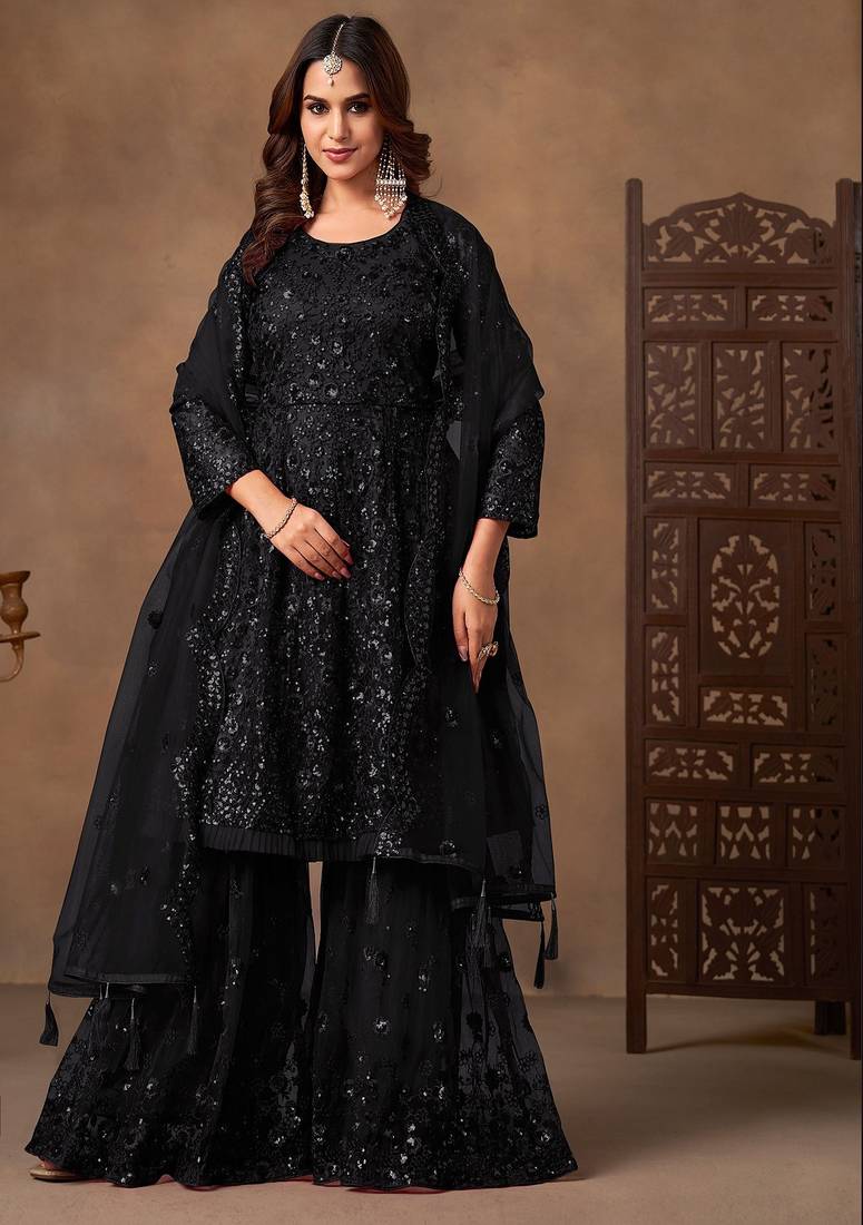 Black net sequins work semi stitched salwar suits suits size up to 42