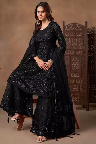 Black net sequins work semi stitched salwar suits suits size up to 42