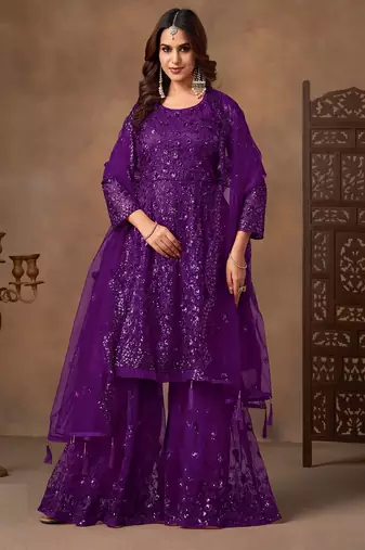 Purple net sequins work semi stitched salwar suits suits size up to 42