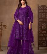 Purple net sequins work semi stitched salwar suits suits size up to 42