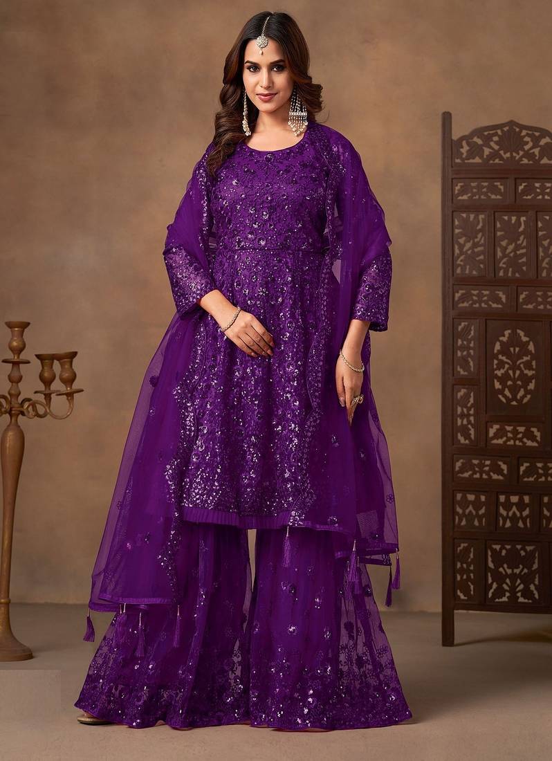Purple net sequins work semi stitched salwar suits suits size up to 42