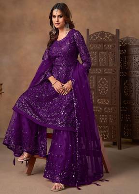 Purple net sequins work semi stitched salwar suits suits size up to 42 2