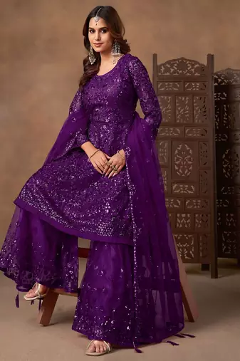 Purple net sequins work semi stitched salwar suits suits size up to 42
