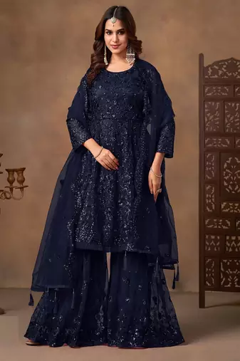 Navy blue net sequins work semi stitched salwar suits suits size up to 42