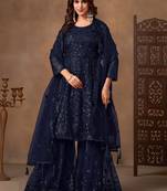 Navy blue net sequins work semi stitched salwar suits suits size up to 42