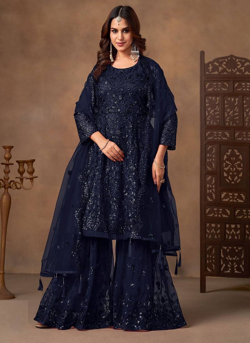 Navy blue net sequins work semi stitched salwar suits suits size up to 42