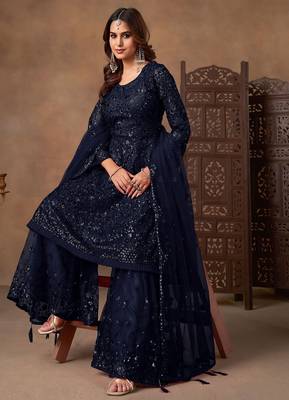 Navy blue net sequins work semi stitched salwar suits suits size up to 42 2