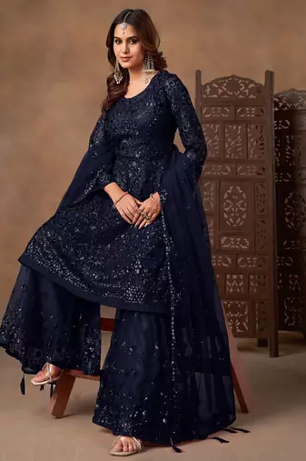 Navy blue net sequins work semi stitched salwar suits suits size up to 42