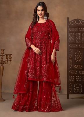Red net sequins work semi stitched salwar suits suits size up to 42 1