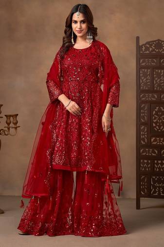Red net sequins work semi stitched salwar suits suits size up to 42