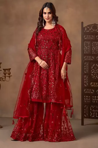 Red net sequins work semi stitched salwar suits suits size up to 42