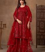 Red net sequins work semi stitched salwar suits suits size up to 42