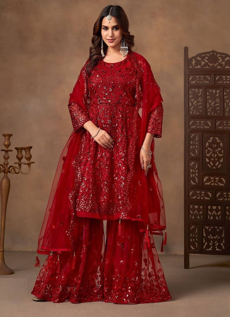 Red net sequins work semi stitched salwar suits suits size up to 42