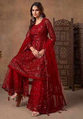 Red net sequins work semi stitched salwar suits suits size up to 42 2