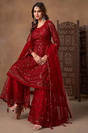 Red net sequins work semi stitched salwar suits suits size up to 42