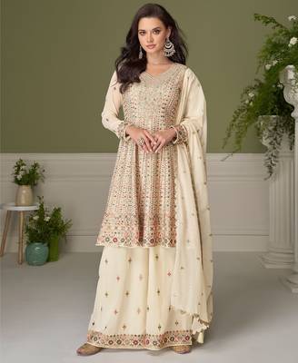 Off white georgette sequins work semi stitched salwar suits suits size up to 42 1