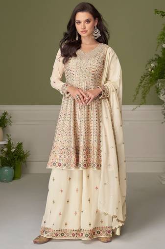 Off white georgette sequins work semi stitched salwar suits suits size up to 42