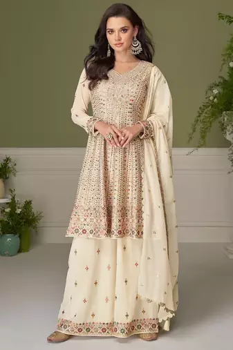 Off white georgette sequins work semi stitched salwar suits suits size up to 42