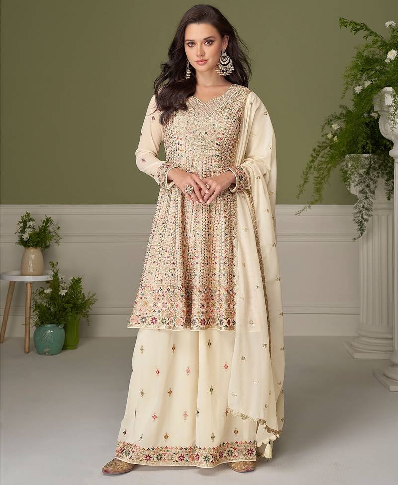 Off white georgette sequins work semi stitched salwar suits suits size up to 42