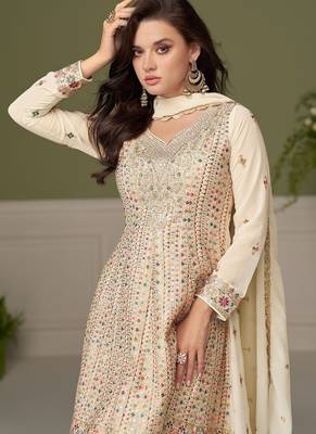 Off white georgette sequins work semi stitched salwar suits suits size up to 42 2
