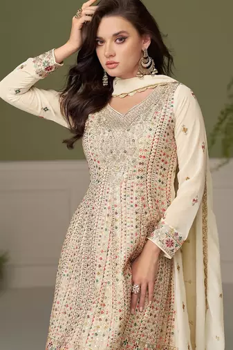 Off white georgette sequins work semi stitched salwar suits suits size up to 42