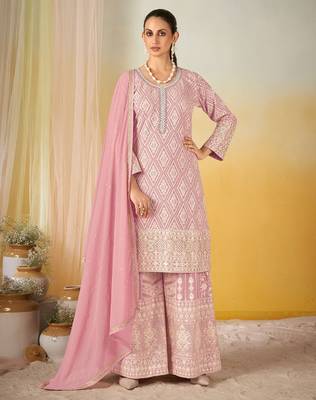 Pink georgette sequins work semi stitched salwar suits suits size up to 42 1