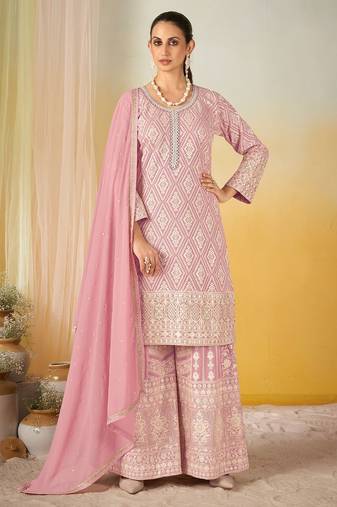 Pink georgette sequins work semi stitched salwar suits suits size up to 42