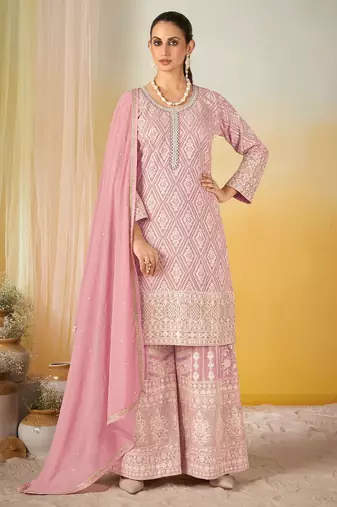 Pink georgette sequins work semi stitched salwar suits suits size up to 42