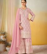 Pink georgette sequins work semi stitched salwar suits suits size up to 42