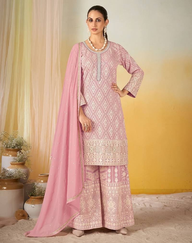 Pink georgette sequins work semi stitched salwar suits suits size up to 42