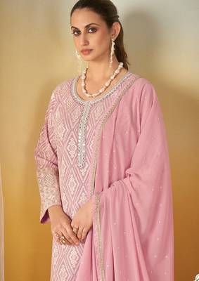 Pink georgette sequins work semi stitched salwar suits suits size up to 42 2