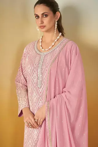 Pink georgette sequins work semi stitched salwar suits suits size up to 42