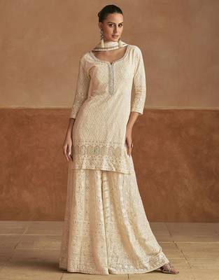 Off white georgette sequins work semi stitched salwar suits suits size up to 42 1