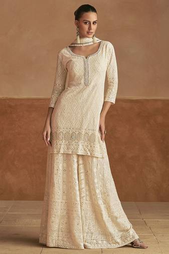 Off white georgette sequins work semi stitched salwar suits suits size up to 42