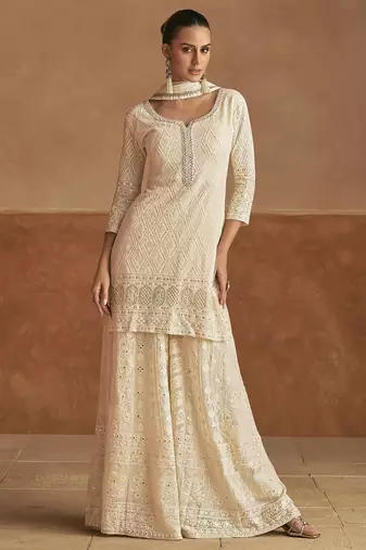 Off white georgette sequins work semi stitched salwar suits suits size up to 42