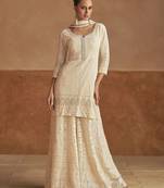 Off white georgette sequins work semi stitched salwar suits suits size up to 42