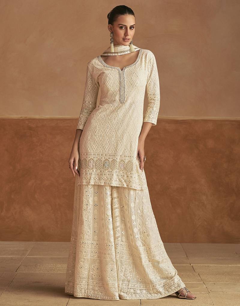 Off white georgette sequins work semi stitched salwar suits suits size up to 42