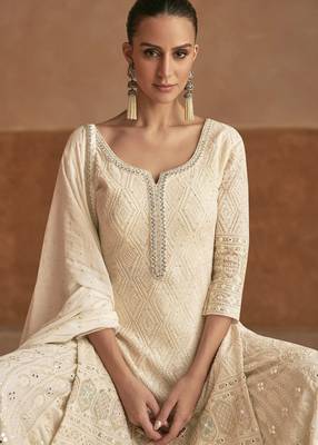 Off white georgette sequins work semi stitched salwar suits suits size up to 42 2
