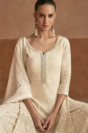 Off white georgette sequins work semi stitched salwar suits suits size up to 42