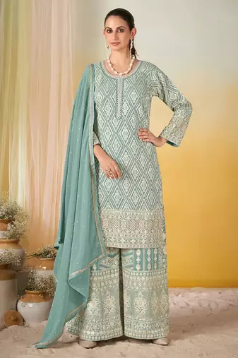 Sea green georgette sequins work semi stitched salwar suits suits size up to 42